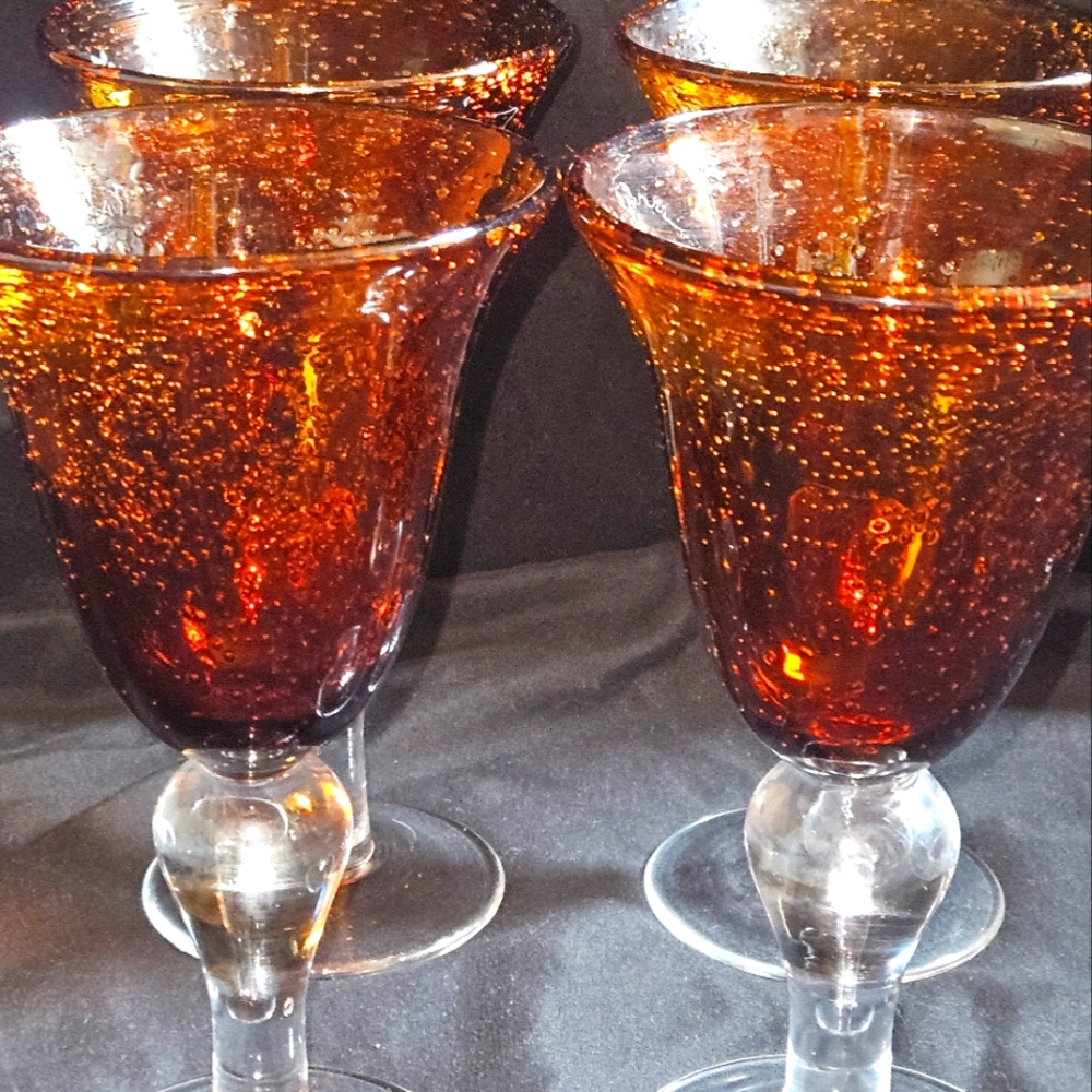 Set Of 4 VTG Large All Purpose Hand Blown Glasses Bubbles Clear Stem Goblets 8"